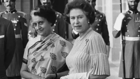 Getty Images Queen Elizabeth II meets Indira Gandhi (1917 - 1984), the Prime Minister of India, at Hyderabad House in Delhi, India, 17th November 1983.