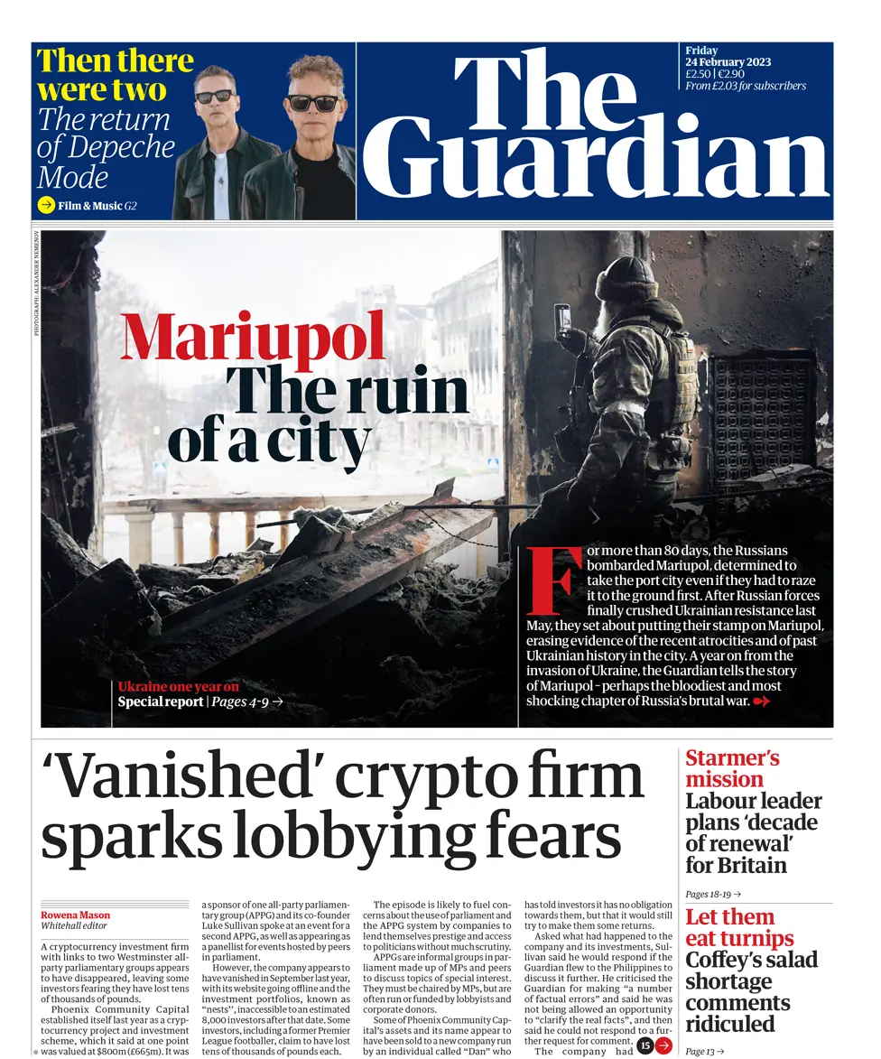 The headline on the front page of the Guardian reads '"Vanished" crypto firm sparks lobbying fears'