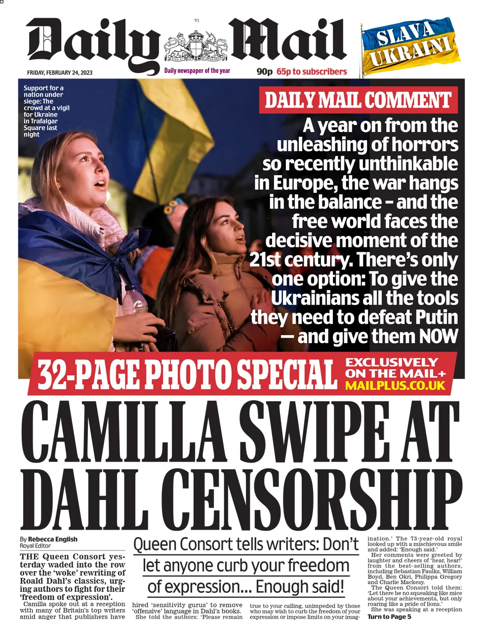 The headline on the front page of the Daily Mail reads 'Camilla swipe at Dahl censorship'