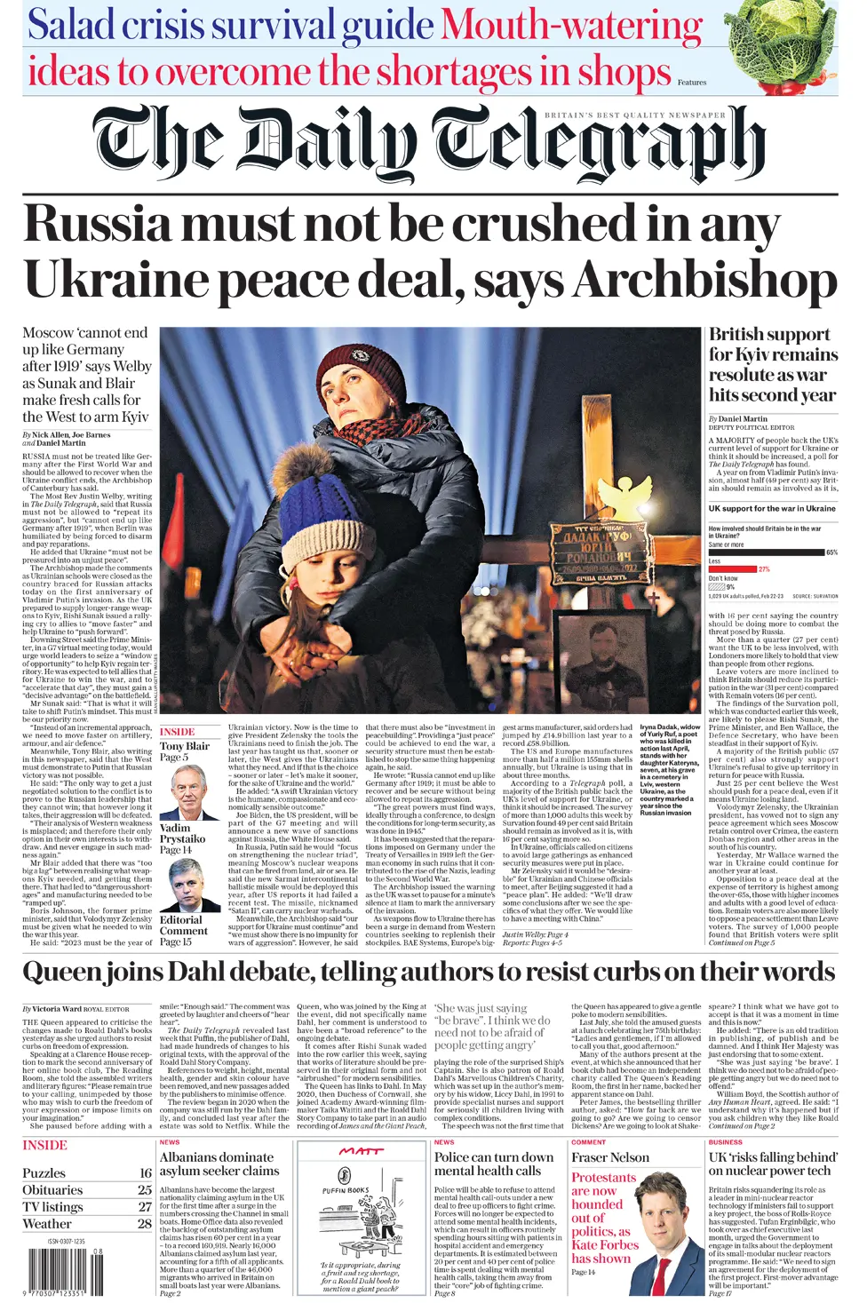 The main headline on the front page of the Daily Telegraph reads 'Russia must not be crushed in any Ukraine peace deal, says Archbishop'