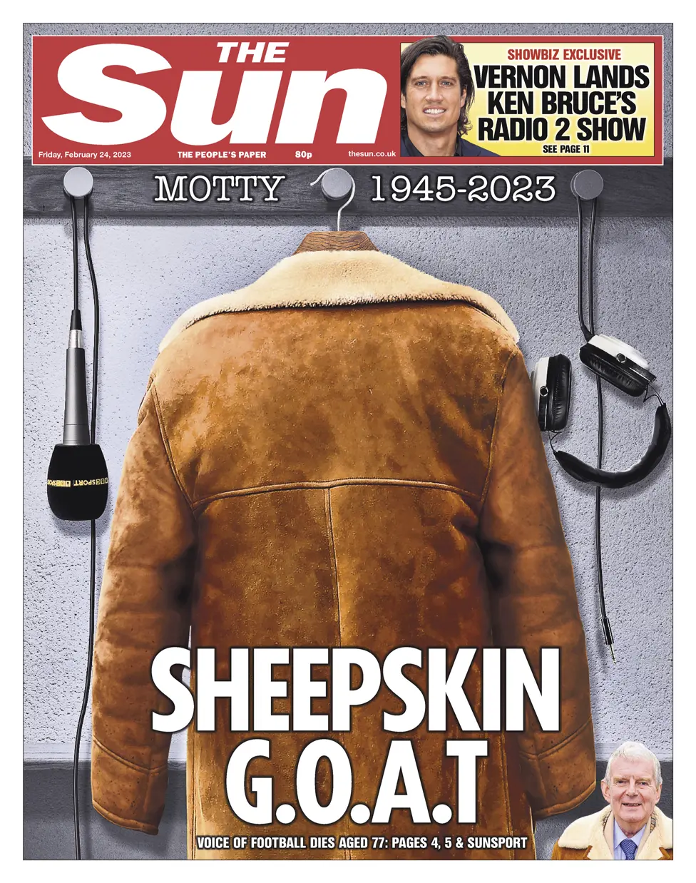 The headline on the front page of the Sun reads 'Sheepskin G.O.A.T'