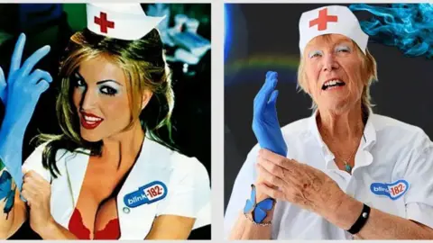 BCP Council A mature woman recreates the album cover of Blink-182's Enema of the State, which is a younger blonde woman in a fancy dress nurse's outfit, putting on a blue glove