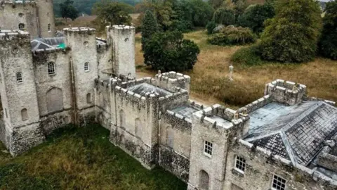 Isle of Wight Council An aerial view of a castle with white stone walls that are stained grey, with turrets and towers rising over the main body. It's in a rural location with trees and grass on both sides.