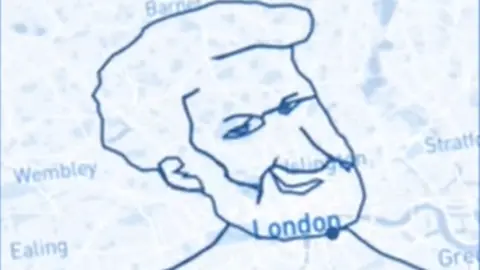 Timothy Lewin A Strava route traced over a map of London outlines the face of a bearded man Bill O'Connor, resembling a caricature, with “London” marked at his chin.